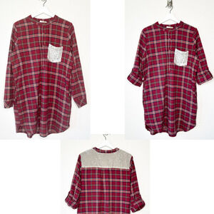 Entro Plaid Red Flannel Pocketed Roll Tab Sleeve Tunic with Sequin Trim L